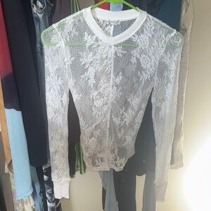 Free People White Sheer Floral Lace Long Sleeve Top